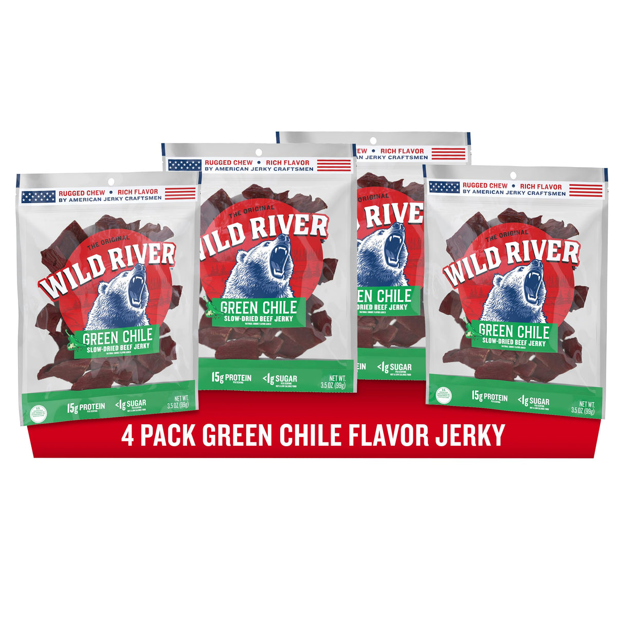 Wild River Green Chile Jerky bag with bold flavor for outdoor snacking