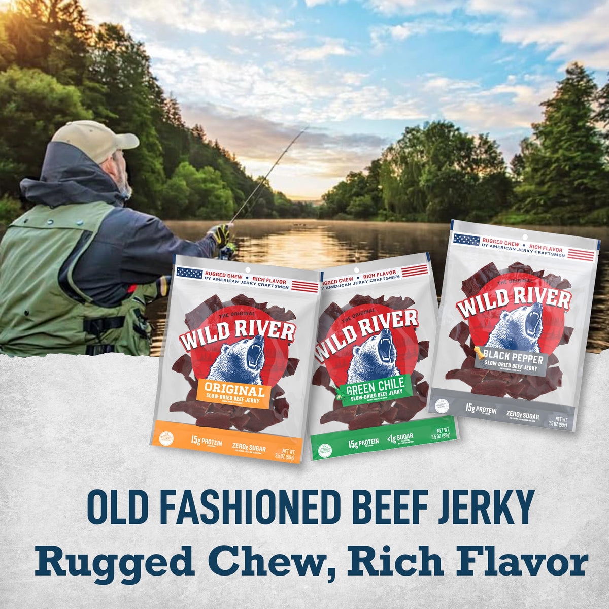 Wild River Green Chile Jerky pack showcases zesty flavor ideal for lunchtime breaks.