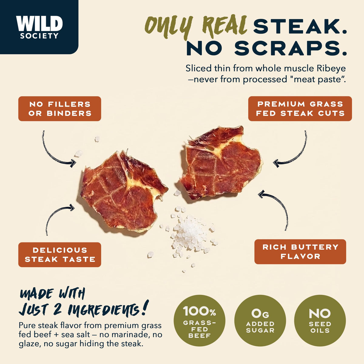 Wild Society air-dried beef crisps texture reveals light melt-in-your-mouth bites for keto cravings.