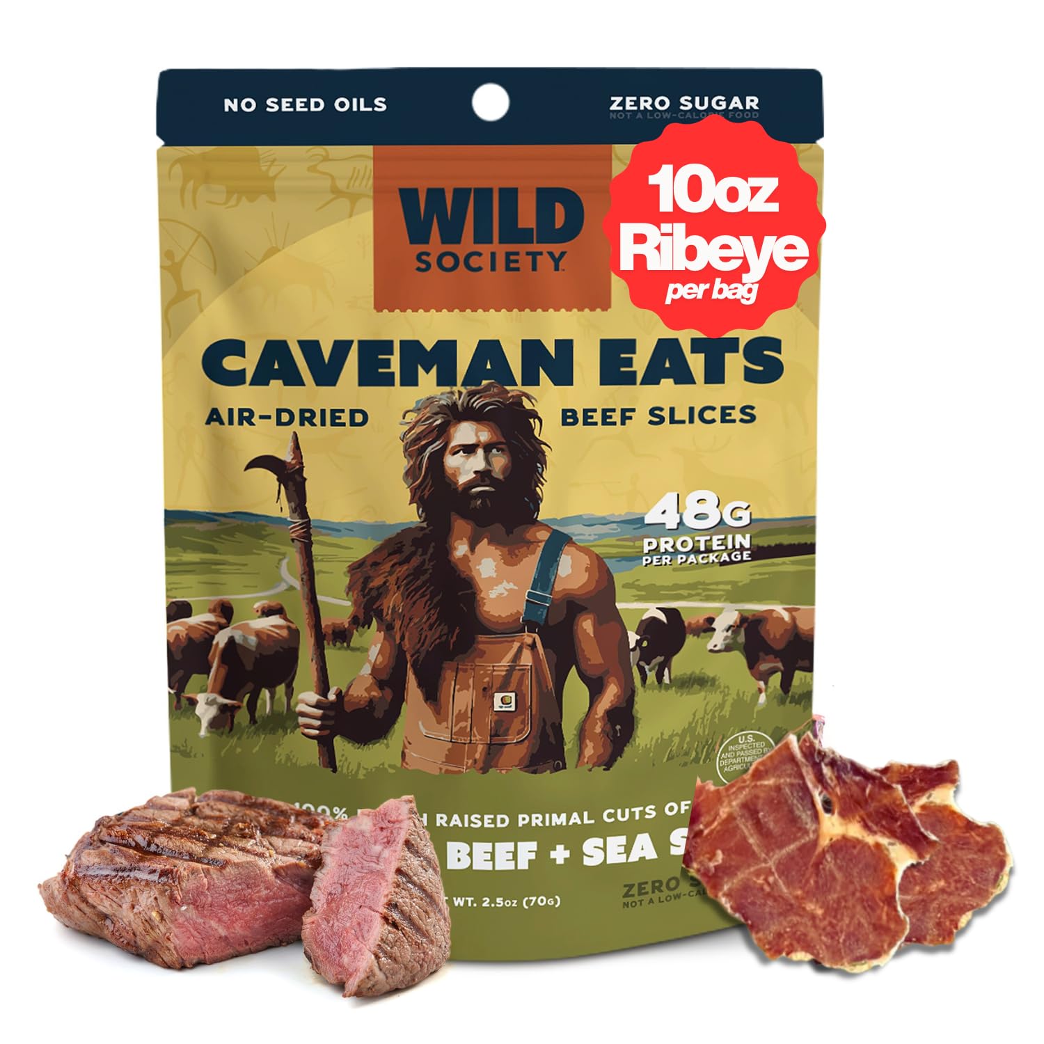 Wild Society Caveman Eats ribeye crisps on bright counter, high-protein snack for workouts