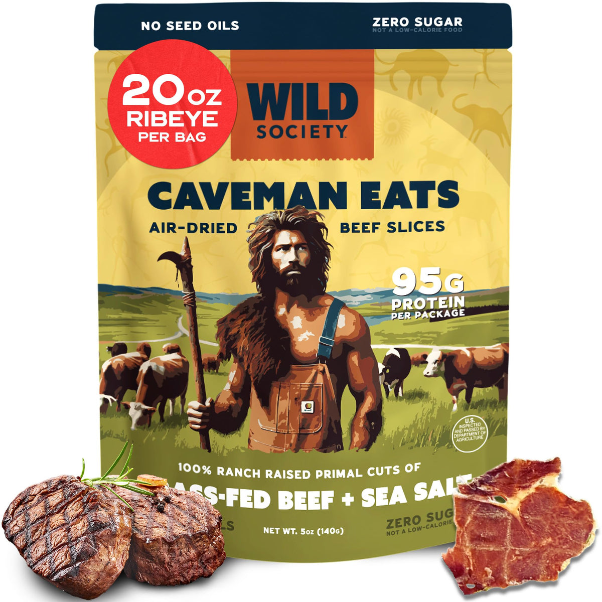 Wild Society Caveman Eats ribeye slices show a protein-rich air-dried snack for on-the-go.