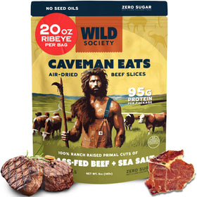 Wild Society Caveman Eats ribeye slices show a protein-rich air-dried snack for on-the-go.