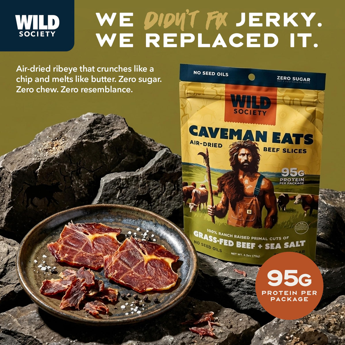 Wild Society grass-fed beef slices close-up highlight premium texture for paleo snacking.