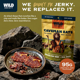 Wild Society grass-fed beef slices close-up highlight premium texture for paleo snacking.