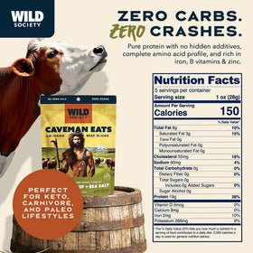 Wild Society sugar-free beef snack demonstrates zero sugar, keto-friendly indulgence.