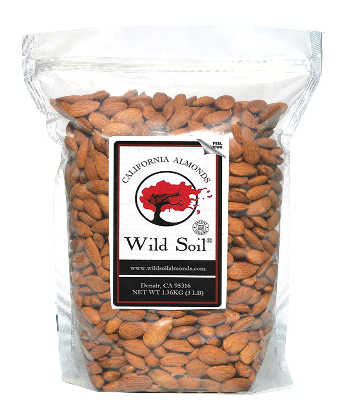 Wild Soil Terra Preta almonds packaging in a resealable bag.