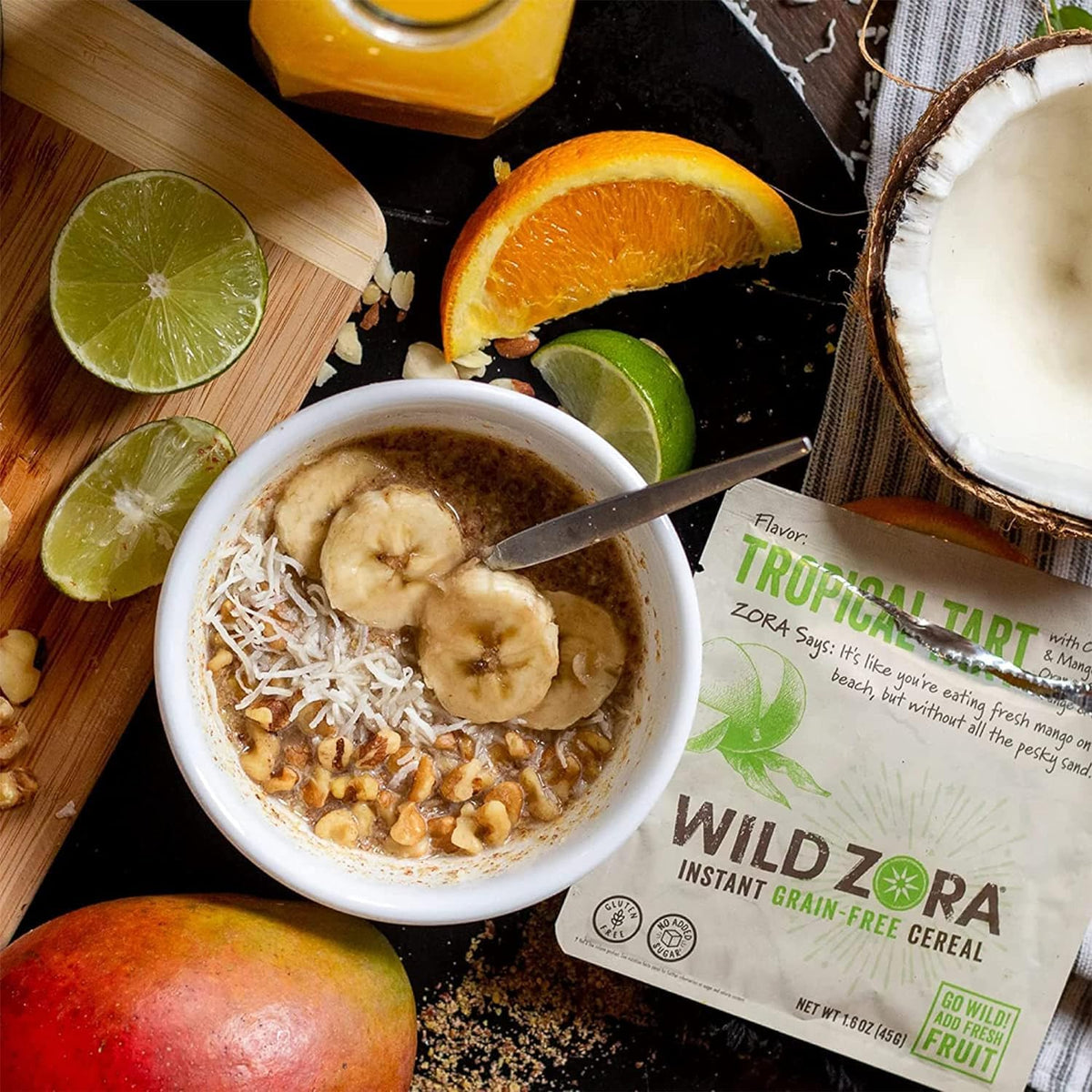 Wild Zora Banana Bread flavor hot cereal with cacao and nuts.
