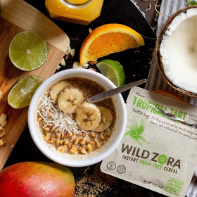 Wild Zora Banana Bread flavor hot cereal with cacao and nuts.