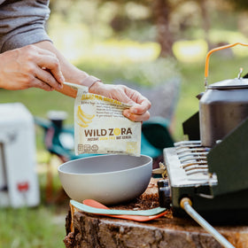 Wild Zora Blueberry Muffin flavor hot cereal with almond and coconut.