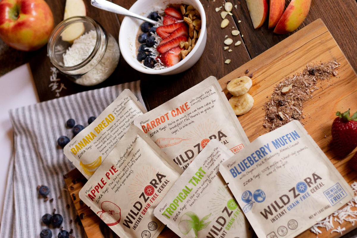 Wild Zora Carrot Cake flavor hot cereal bowl with flax for fiber.