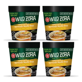 Wild Zora chicken noodle soup cup 4-pack with real meat for quick meals.
