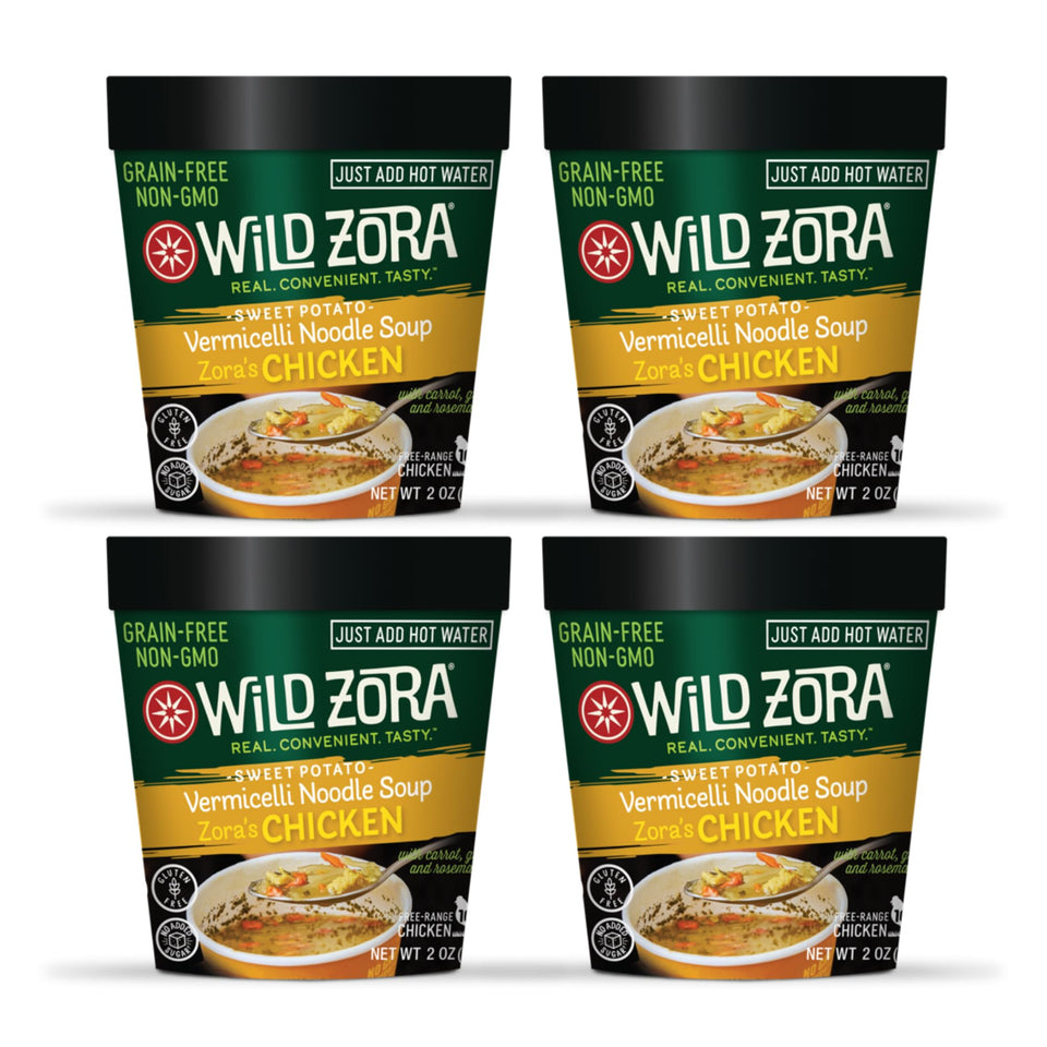 Wild Zora chicken noodle soup cup 4-pack with real meat for quick meals.