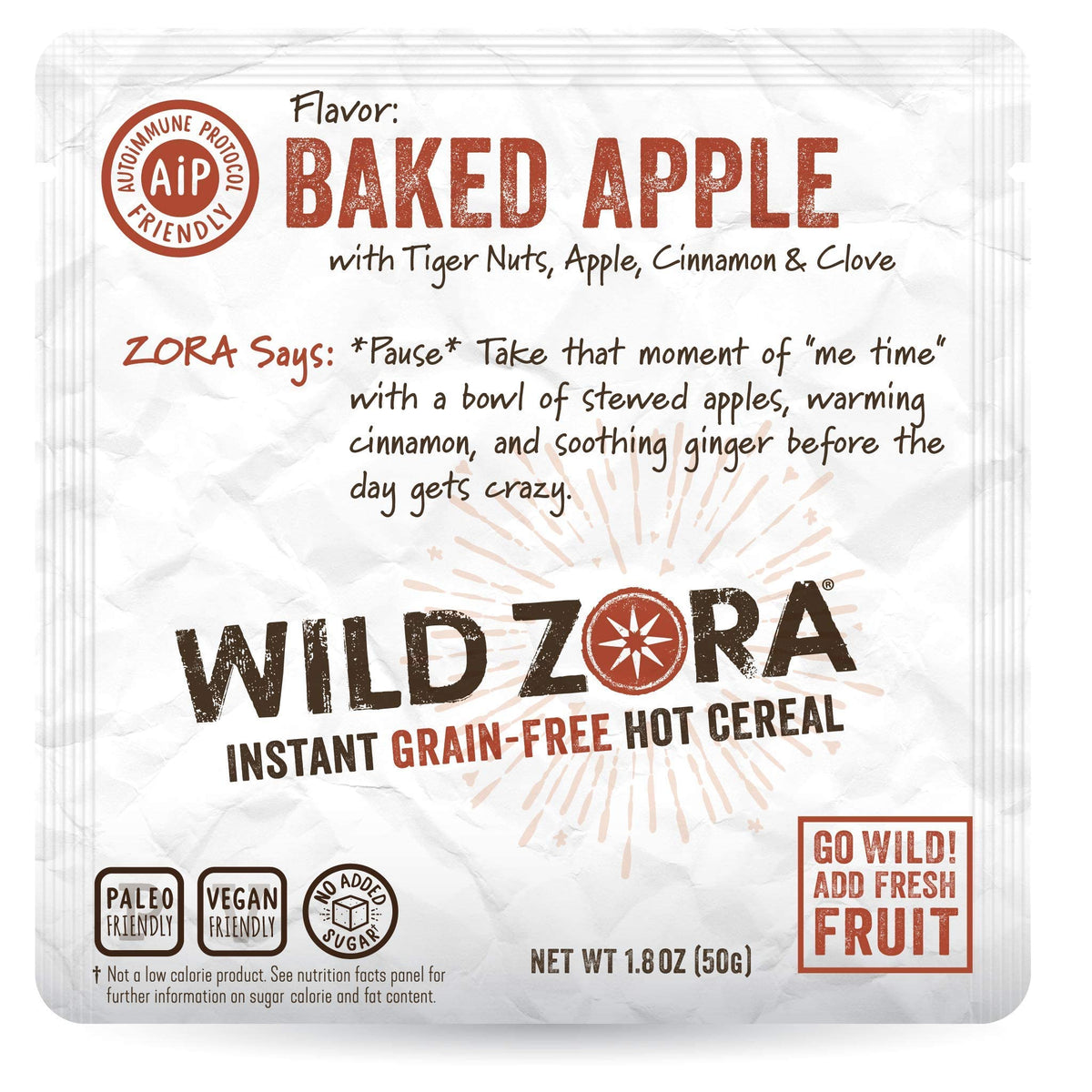 Wild Zora Instant Grain-Free Hot Cereal baked apple packaging—easy grab-and-go breakfast.