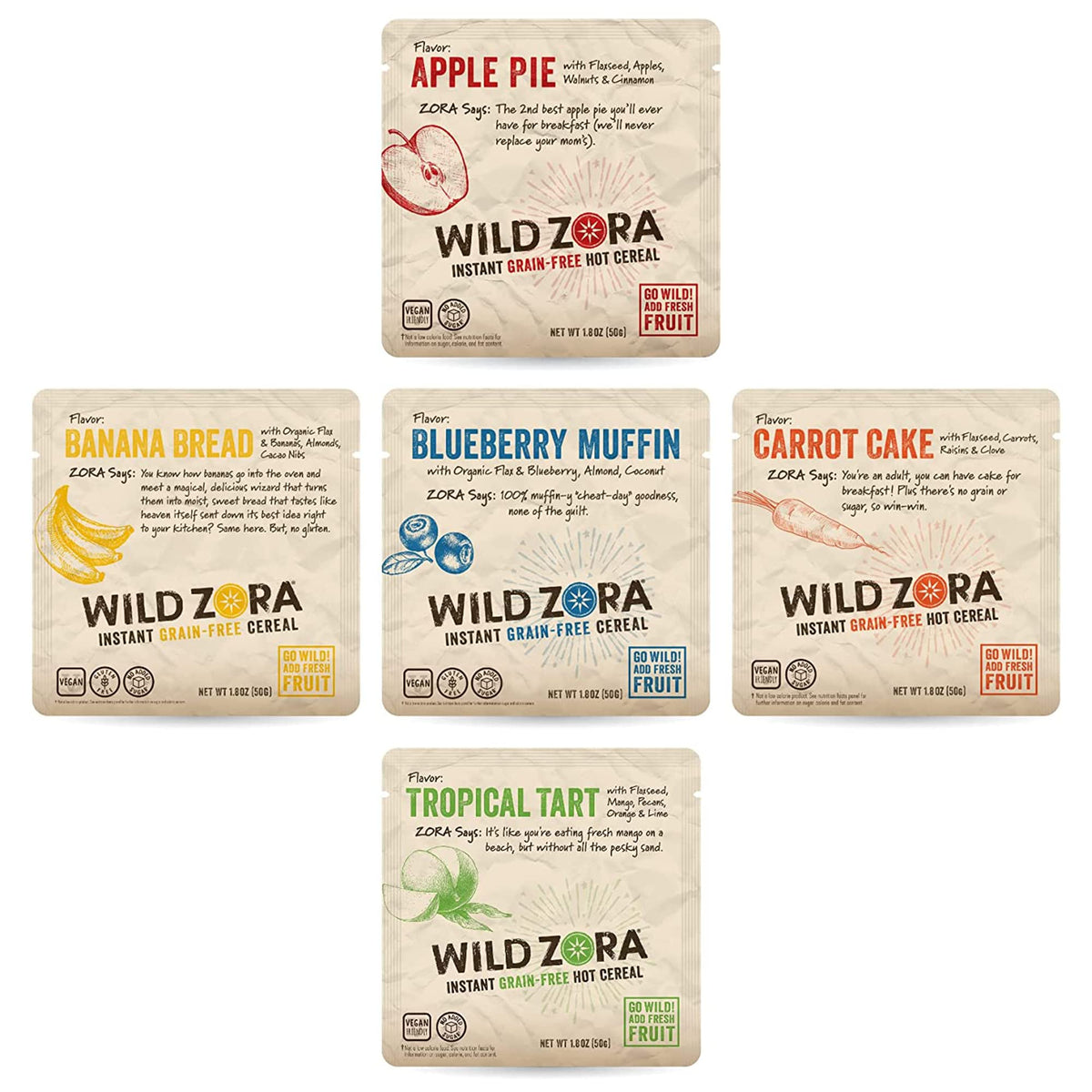 Wild Zora instant grain-free hot cereal variety pack for quick mornings.