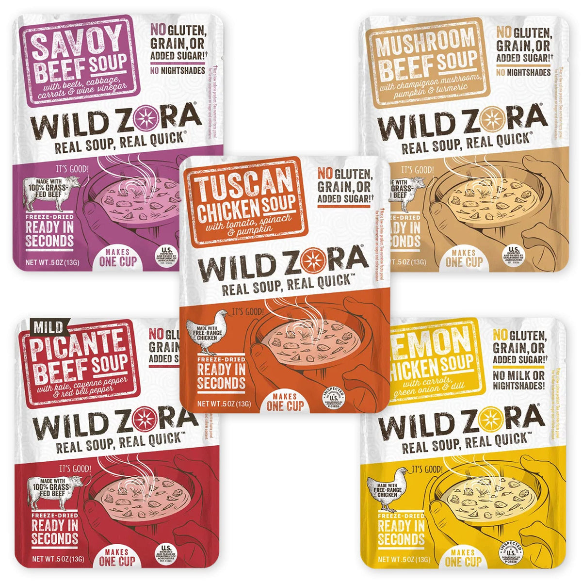 Wild Zora Tuscan Chicken soup in five-pack, ready for quick meals