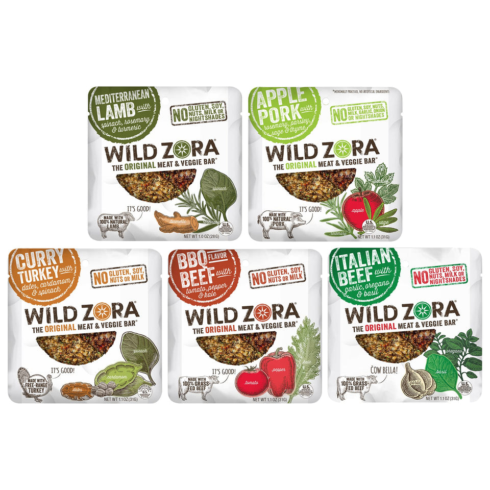 Wild Zora pork meat and veggie bar close-up for on-the-go energy