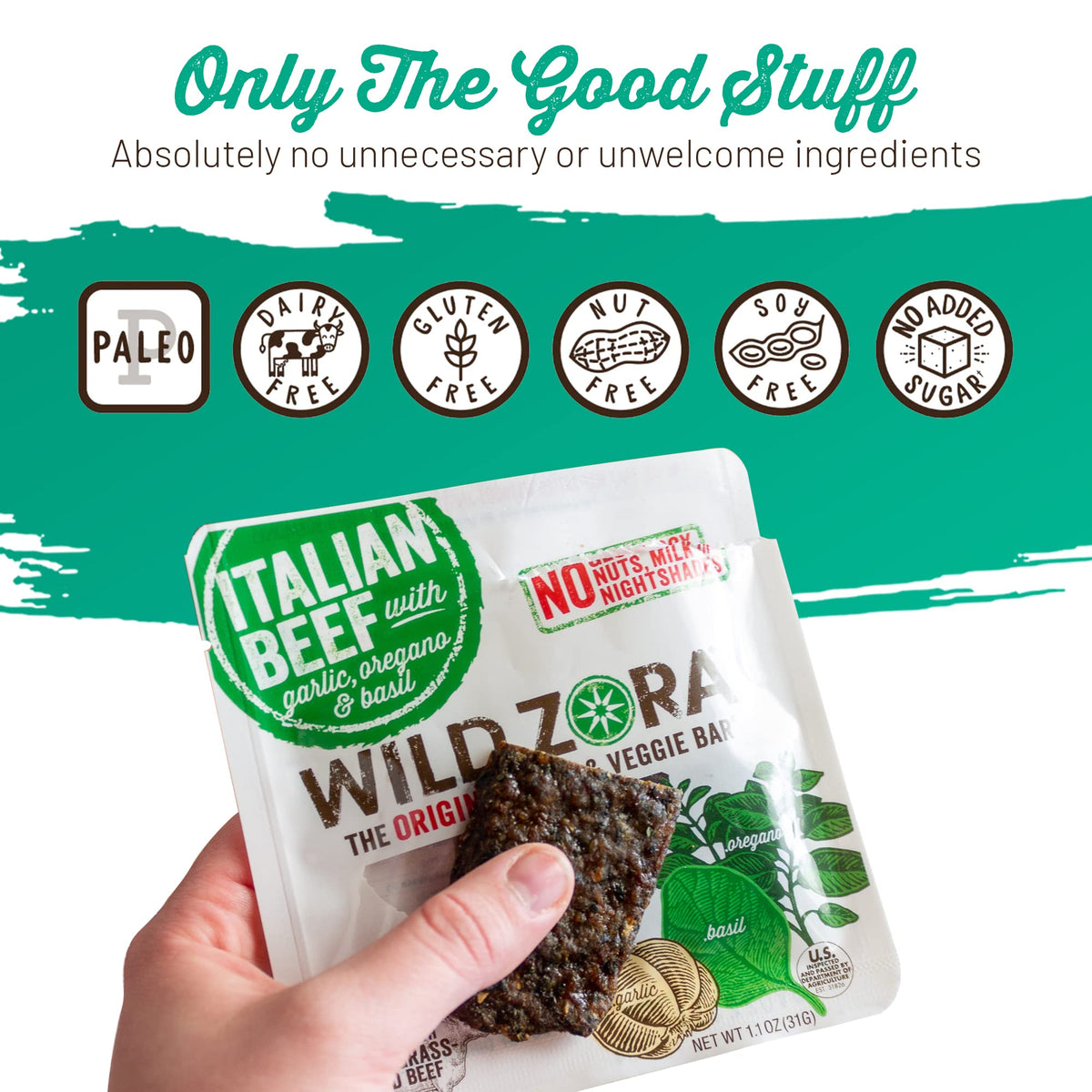 Wild Zora turkey meat and veggie bar close-up for outdoorsy snacking