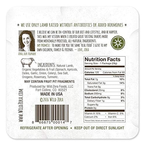 Wild Zora Mediterranean Lamb Bars packaging close-up, USA-made, grass-fed ingredients.