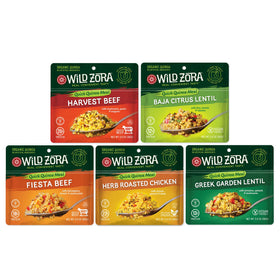 Wild Zora organic quinoa bowls packaging showcases pantry-friendly convenience.