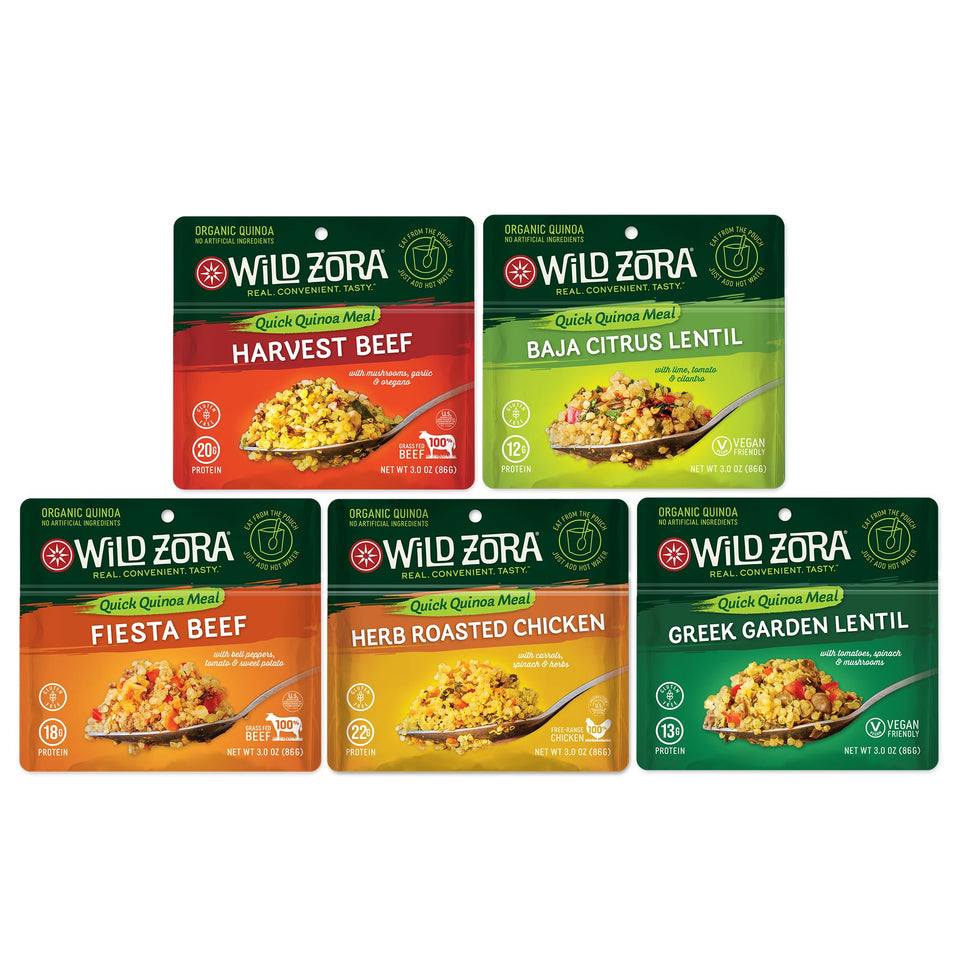 Wild Zora organic quinoa bowls packaging showcases pantry-friendly convenience.