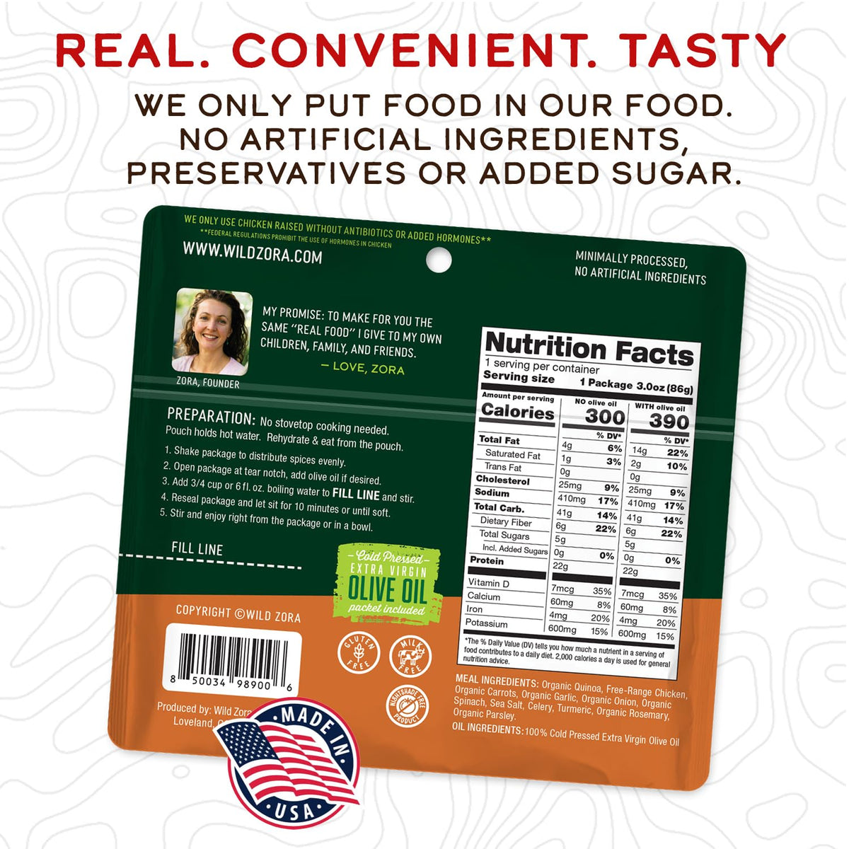 Wild Zora pantry-stable packaging, long shelf life for trips and quick meals.