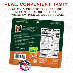 Wild Zora pantry-stable packaging, long shelf life for trips and quick meals.