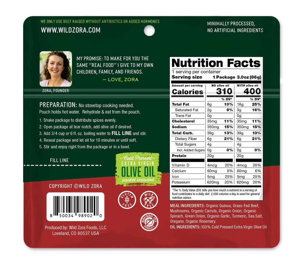 Wild Zora real ingredients label signals wholesome, gluten-free options.