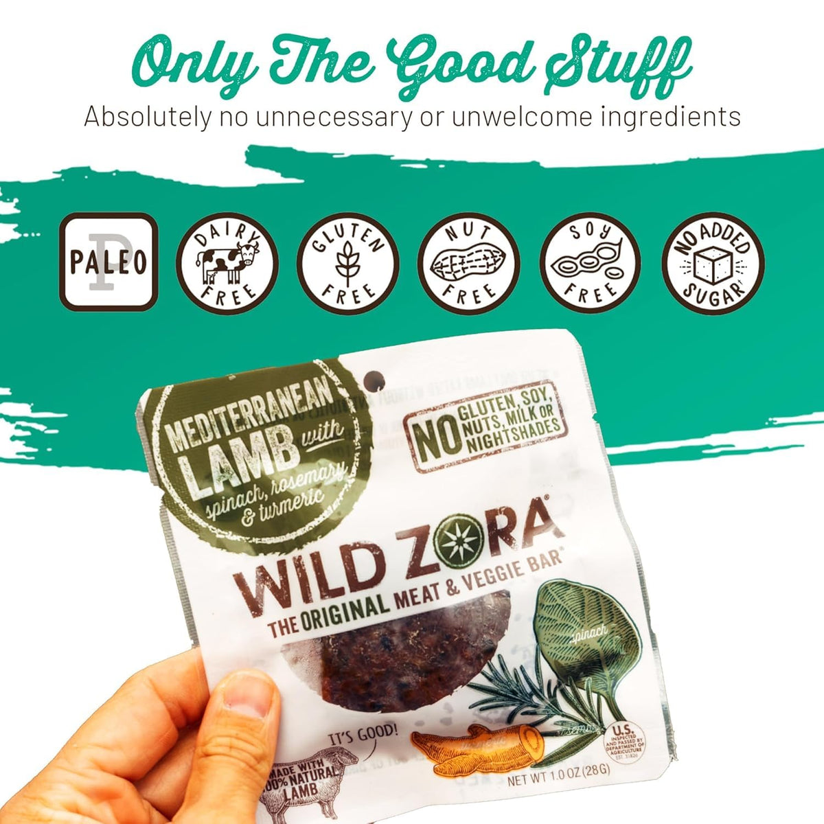 Wild Zora USA-made lamb bars ingredients list on label.