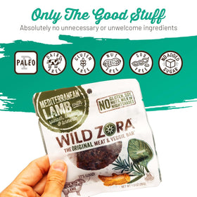 Wild Zora USA-made lamb bars ingredients list on label.