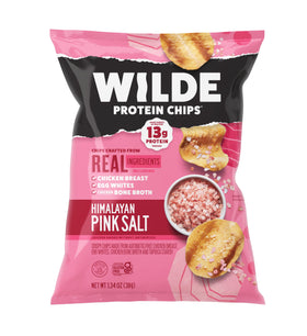 Wilde Chips Himalayan Pink Salt Protein Chips bag highlights a high-protein, low-carb snack option.