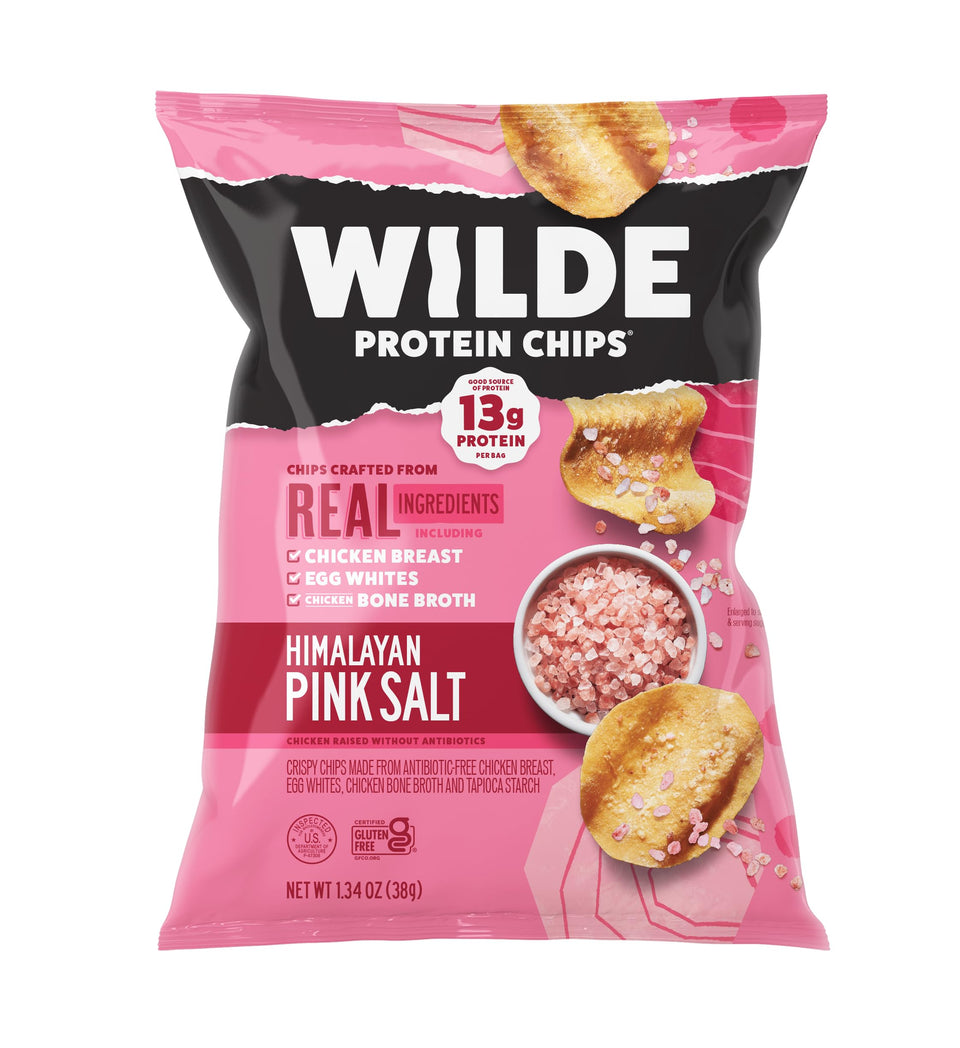 Wilde Chips Himalayan Pink Salt Protein Chips bag highlights a high-protein, low-carb snack option.