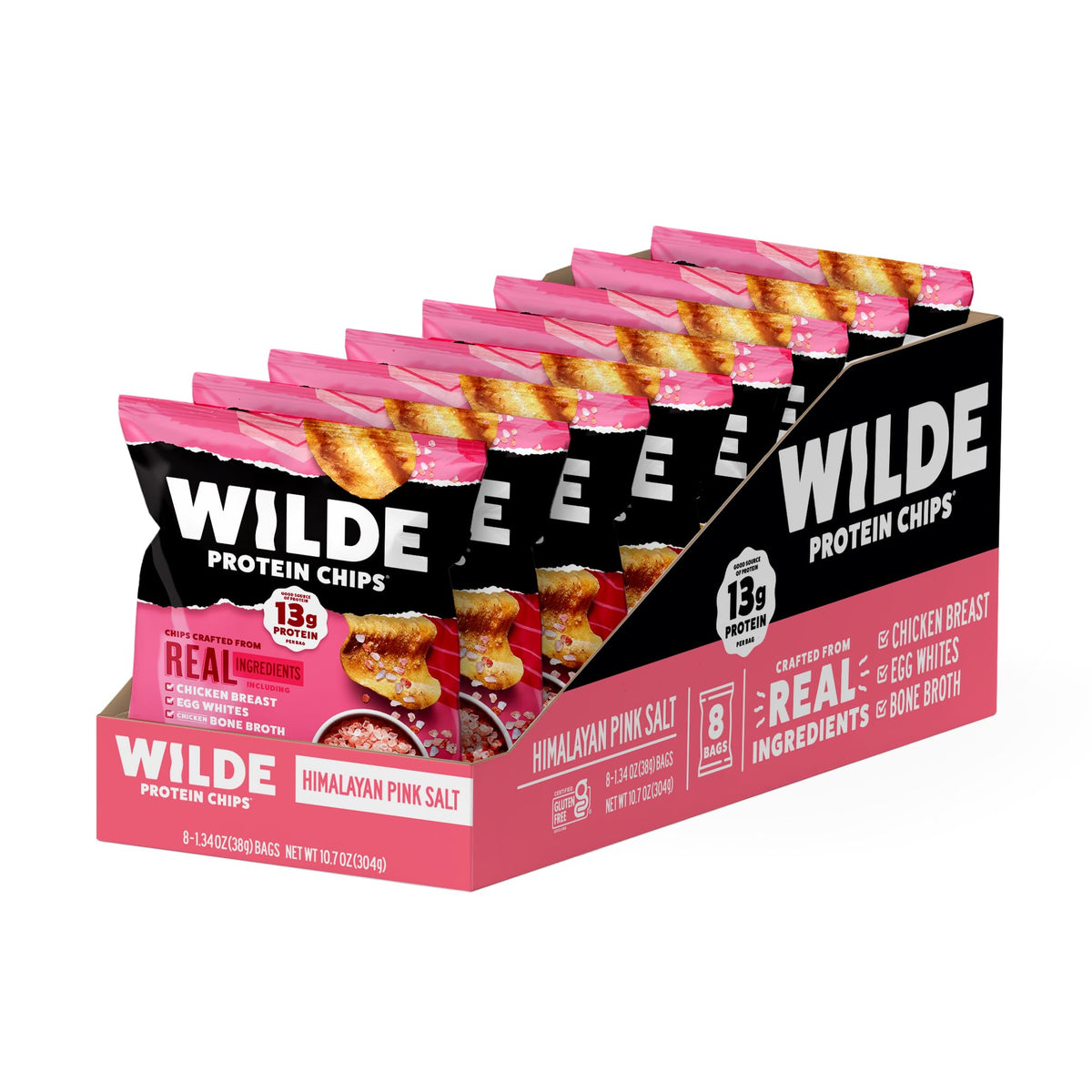 Wilde Chips 8-pack display shows convenient grab-and-go protein snack.