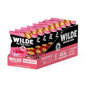 Wilde Chips 8-pack display shows convenient grab-and-go protein snack.