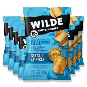 Wilde Chips sea salt and vinegar pack shot showing a thin, high-protein snack.