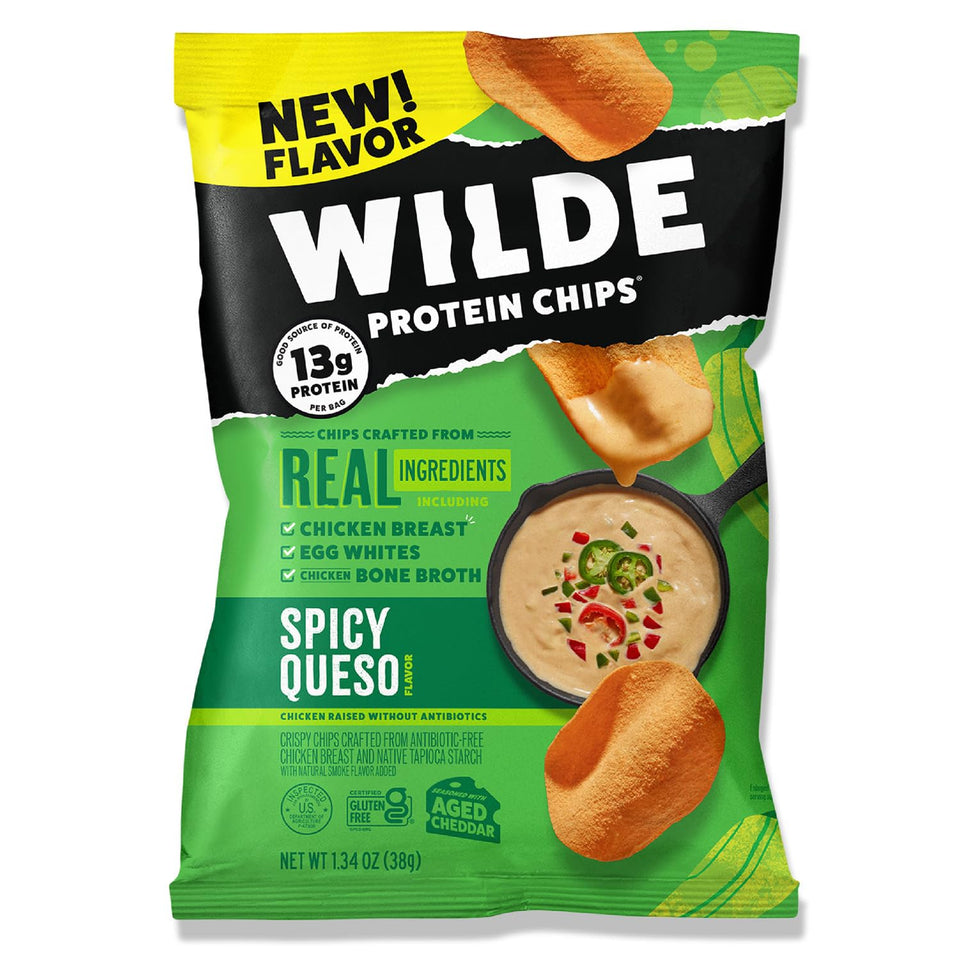 WILDE Protein Chips Spicy Queso crispy close-up reveals crunchy texture and bold flavor.