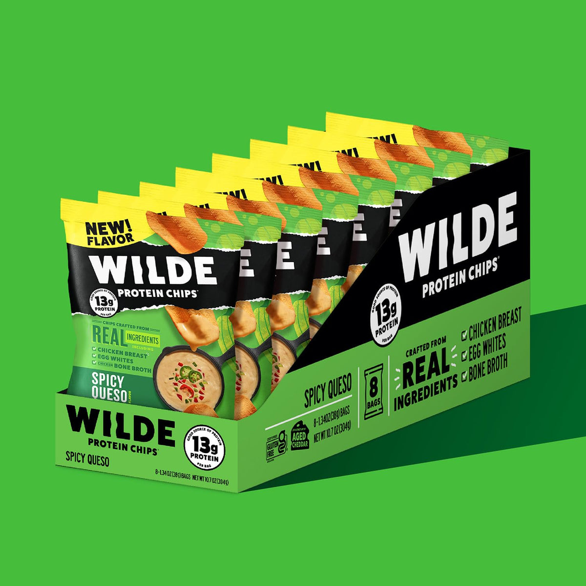 WILDE Protein Chips Spicy Queso pack eight bags ready for on-the-go snacking.