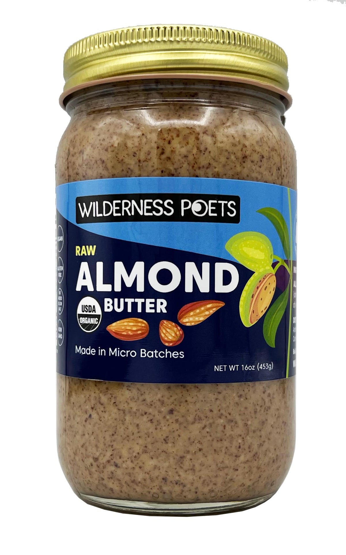 Wilderness Poets almond butter jar closeup shows creamy texture for easy spreading.