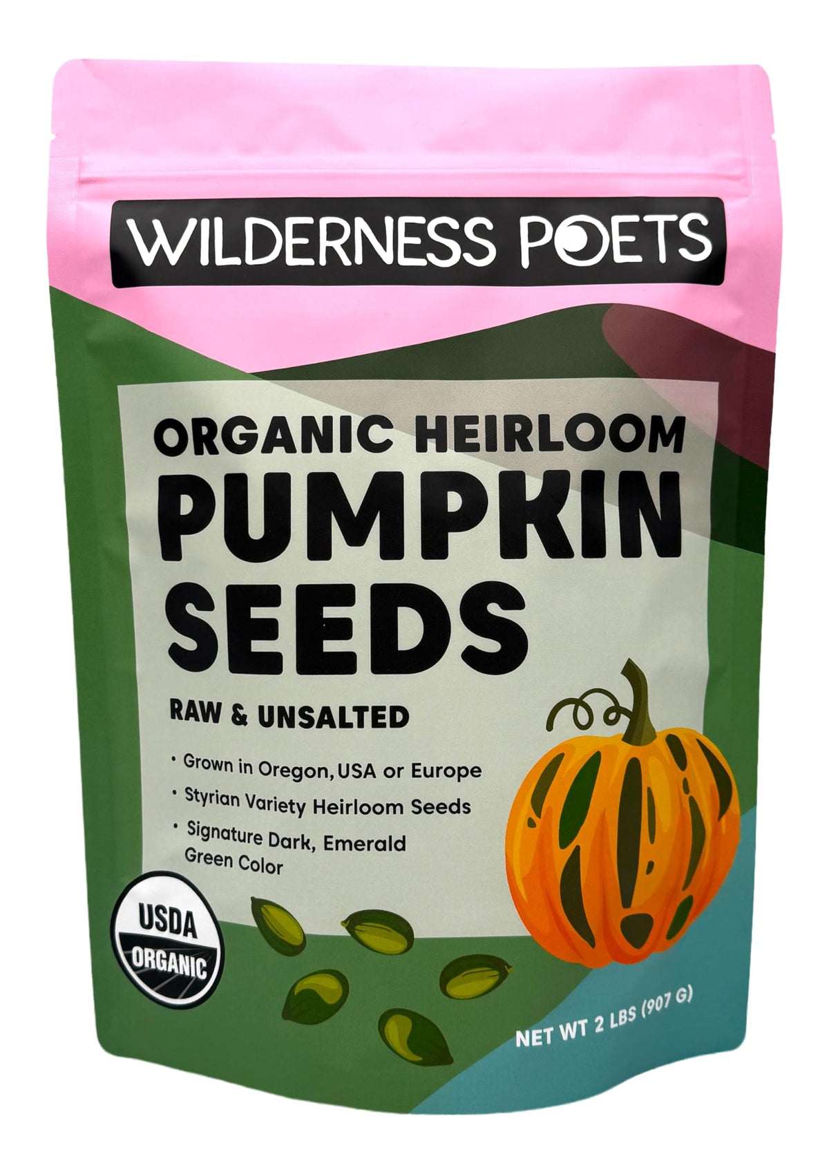 Wilderness Poets bulk Styrian pumpkin seeds in bag, hulless and ready for snacking.