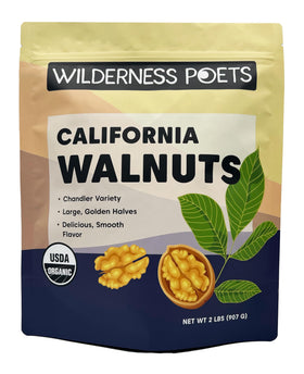 Wilderness Poets California walnuts, raw organic Chandler halves, 32oz, ideal for wholesome snacking.
