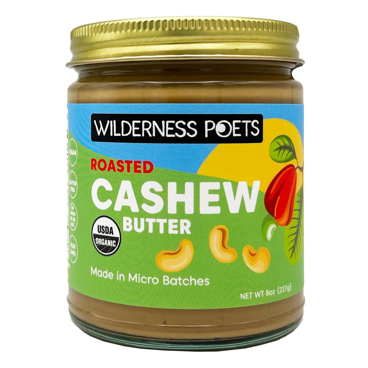 Wilderness Poets cashew butter front view in glass jar for pantry staple