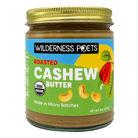 Wilderness Poets cashew butter front view in glass jar for pantry staple