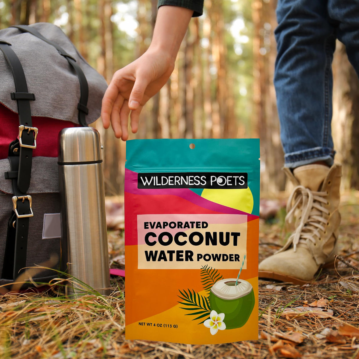 Wilderness Poets coconut water powder shown in a tall 12 oz glass for easy serving
