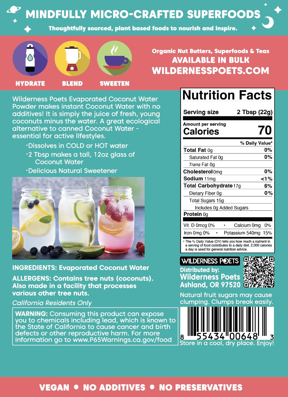 Wilderness Poets coconut water powder mixes with cold water to create a tall beverage