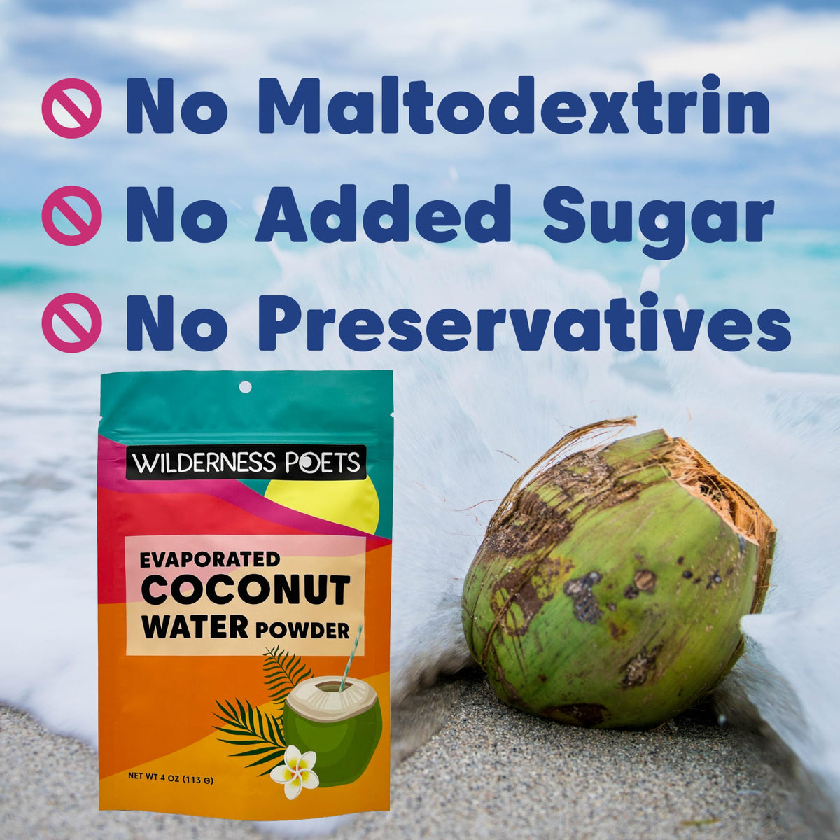Wilderness Poets coconut water powder dissolves instantly in water for quick prep