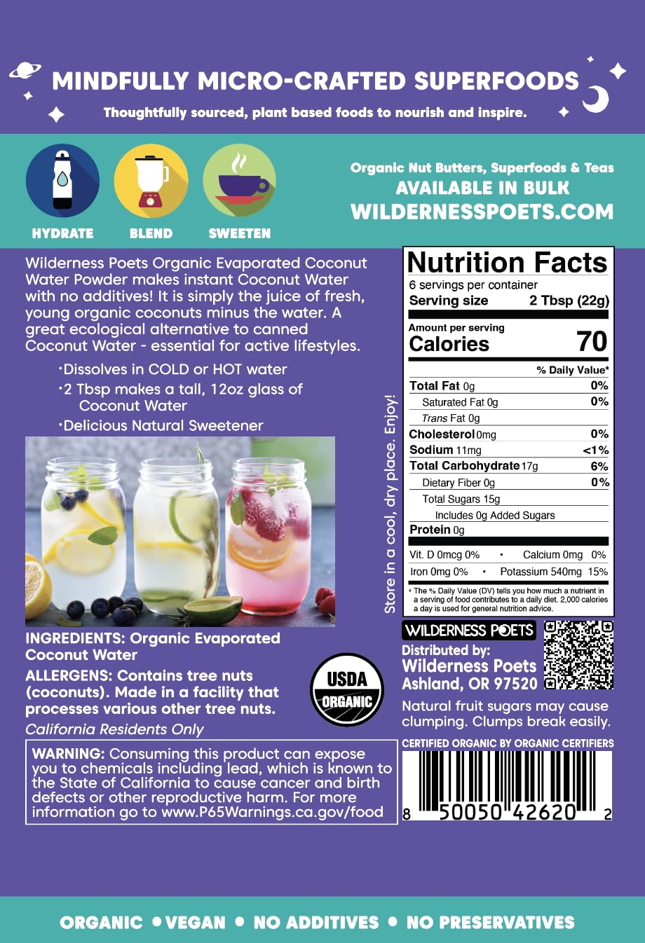 Hot water mix Wilderness Poets coconut water powder dissolves instantly for a warm beverage