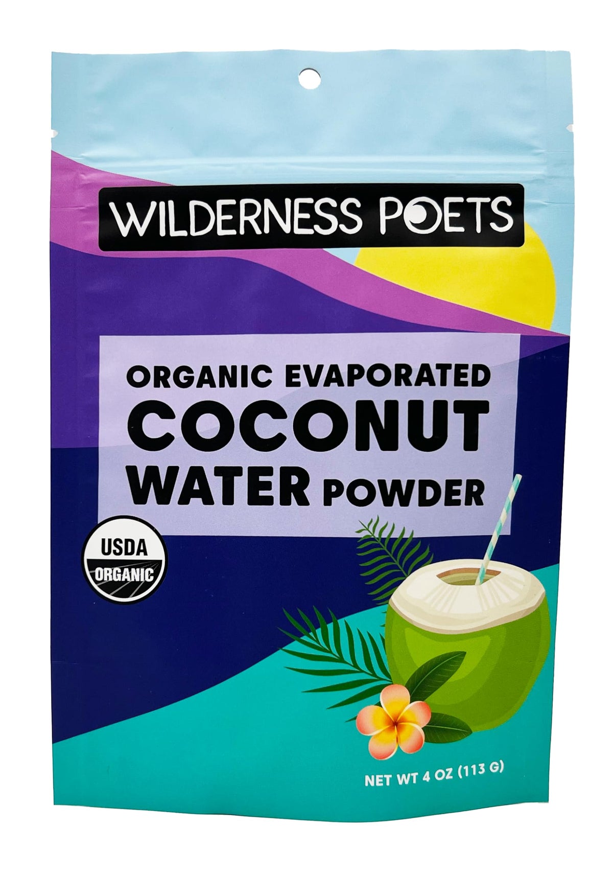 Wilderness Poets coconut water powder tin front shows pure additive-free coconut water