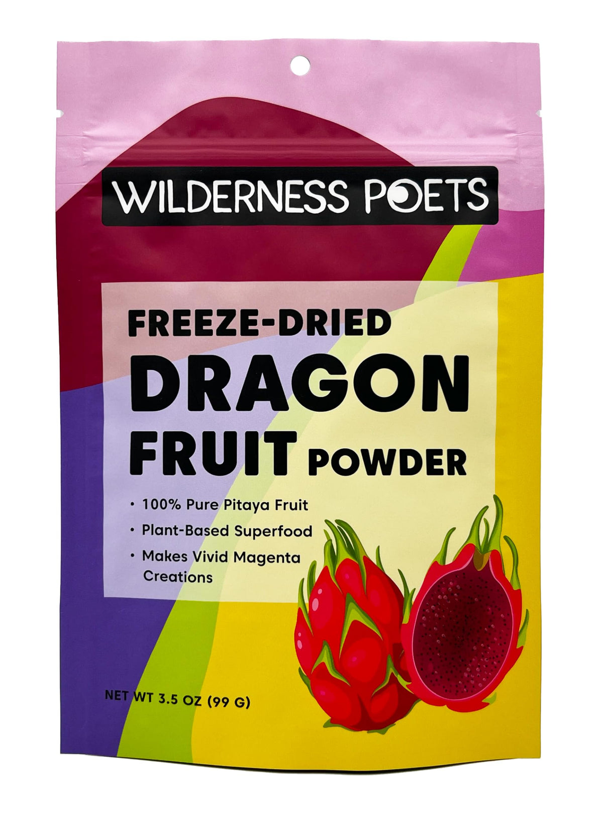 Wilderness Poets Dragon Fruit Powder in a jar pour adds vibrant color to drinks