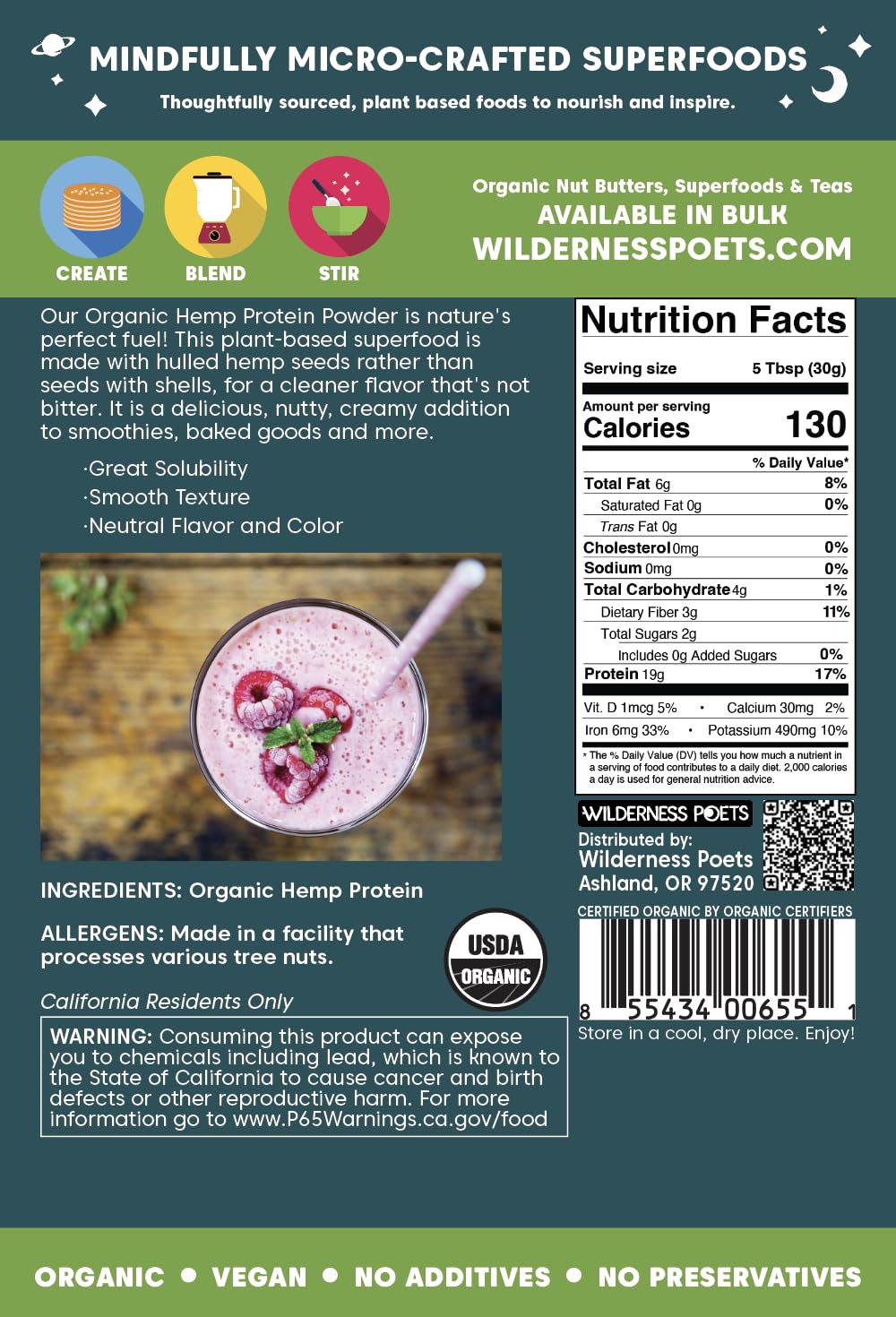 Wilderness Poets hemp protein powder scoop showing easy, measured servings
