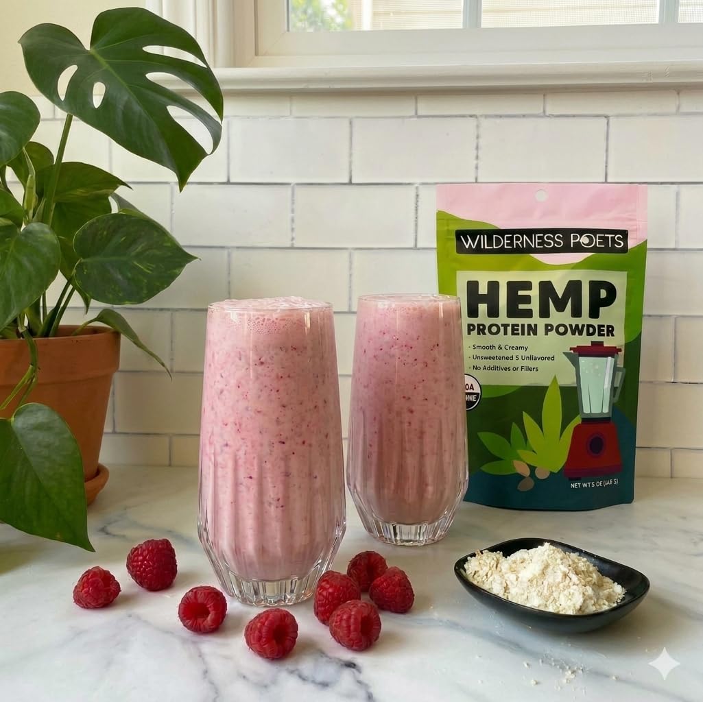 Close-up of Wilderness Poets hemp protein texture for smooth blends