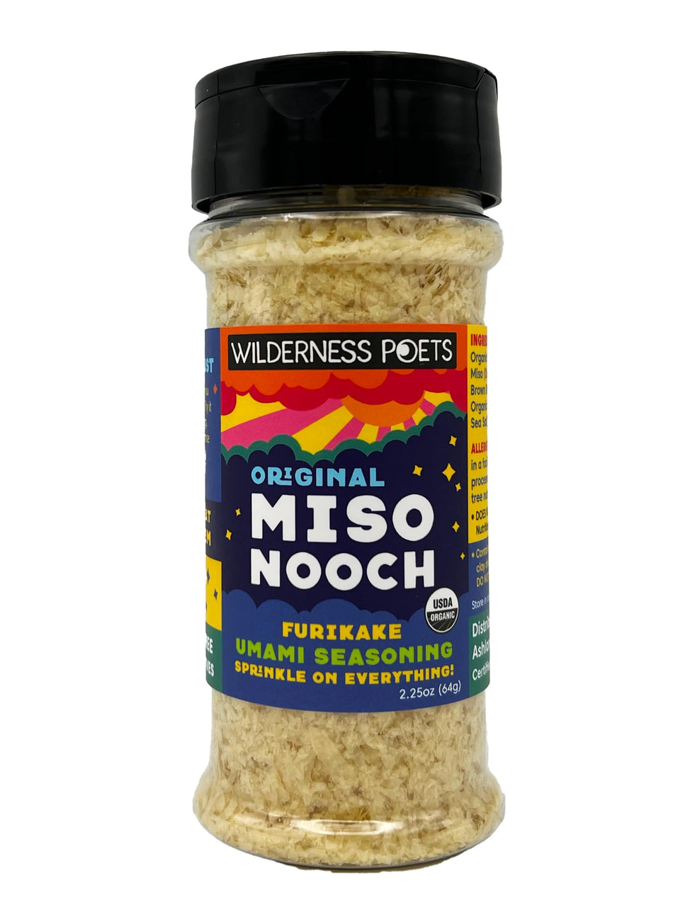 Wilderness Poets Miso Nooch bottle ready to sprinkle versatile umami seasoning on meals.